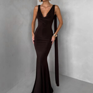 Hnědé společenské dlouhé vázací šaty RAVILETA s vlečkou Velikost: ONESIZE