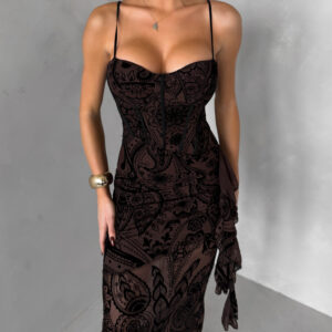 Hnědé vzorované dlouhé korzetové šaty SOLVIENE s ramínky Velikost: M/L