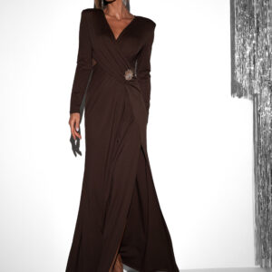 Hnědé zavinovací elegantní dlouhé šaty GIOELE s broží Velikost: M/L