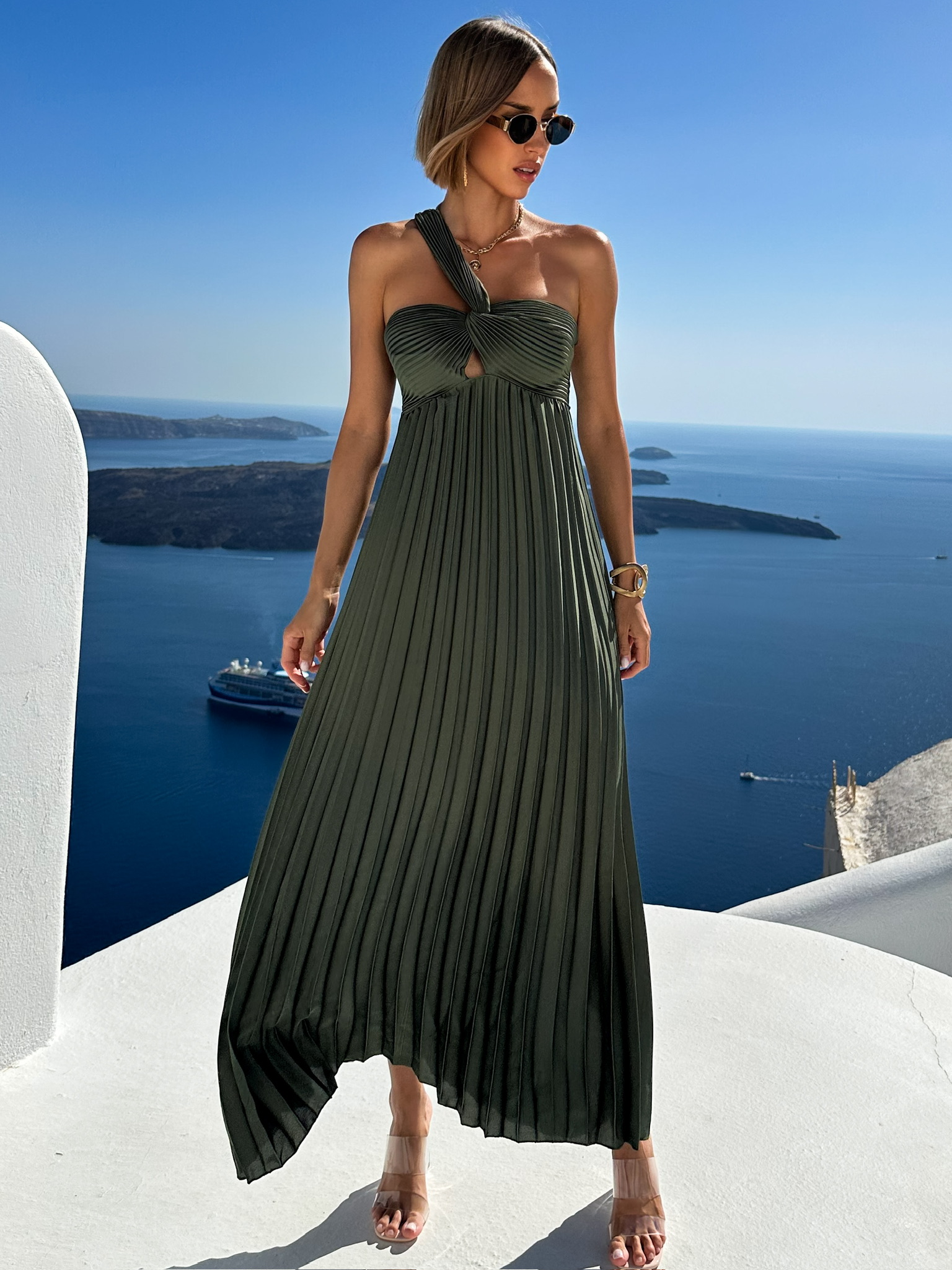 Khaki elegantní šaty TOKIA přes jedno rameno Velikost: ONESIZE - Obrázek 3