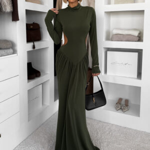 Khaki společenské dlouhé šaty EVANIE s průstřihy Velikost: ONESIZE