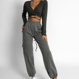 Khaki zavinovací top MIRDRE s dlouhým rukávem Velikost: ONESIZE