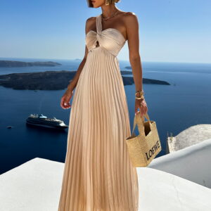 Krémové dlouhé plisované saténové šaty TOKIA Velikost: ONESIZE