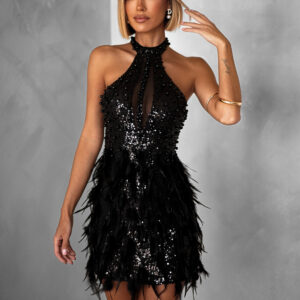 Luxusní černé koktejlové šaty BOZANA s flitry Velikost: L