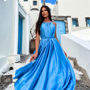 Modré dlouhé lesklé elegantní šaty MADES se zavazováním