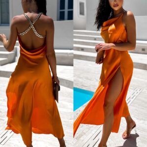 Oranžové lesklé elegantní šaty MENLEYS se zlatými ramínky