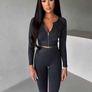 Šedá washed sportovní crop top mikina BRAVOS Velikost: L