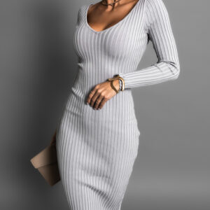 Šedé žebrované midi šaty LOUTEN s dlouhým rukávem Velikost: M/L