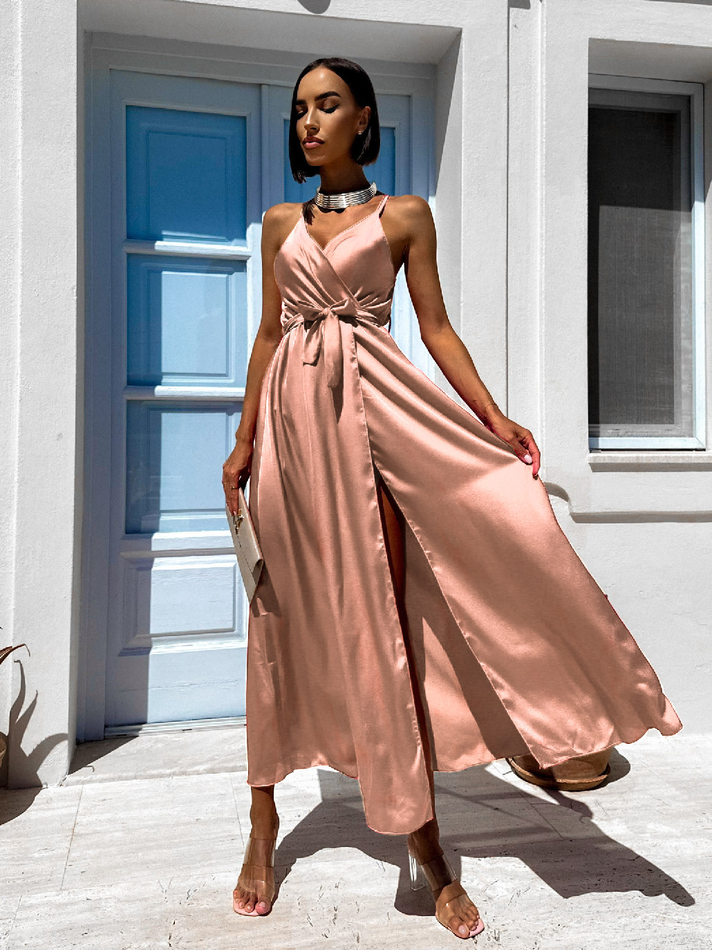 Starorůžové lesklé elegantní šaty BRALEST Velikost: ONESIZE