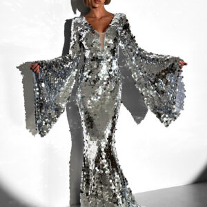 Stříbrné třpytivé flitrované šaty BORYS s dlouhým rukávem Velikost: S