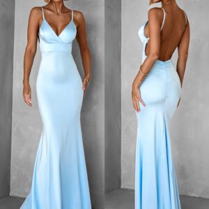 Světle modré dlouhé saténové šaty MARSELLE s odhalenými zády Velikost: ONESIZE