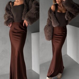 Tmavě hnědá dlouhá saténová sukně REGENORY Velikost: ONESIZE