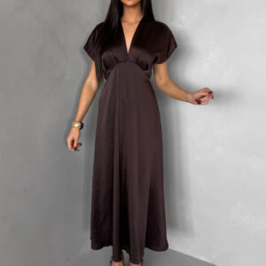 Tmavě hnědé elegantní společenské midi šaty OMNIS Velikost: ONESIZE