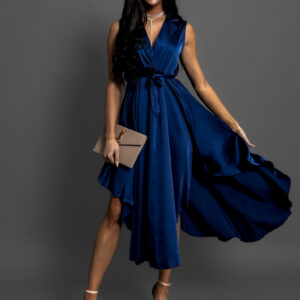 Tmavě modré saténové šaty BLAINE s vázáním Velikost: ONESIZE