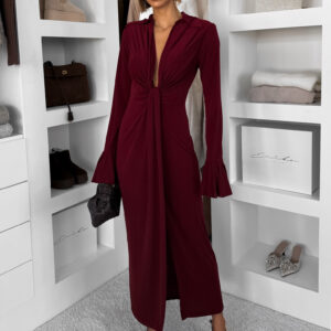 Vínové dlouhé společenské šaty OSTIVEN s výstřihem Velikost: ONESIZE