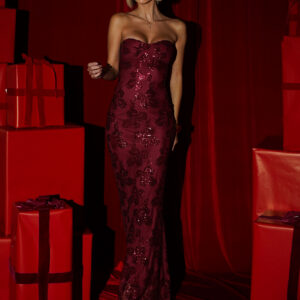 Vínové elegantní třpytivé dlouhé šaty CALMIYA bez ramínek Velikost: ONESIZE