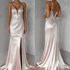 Zlaté plesové třpytivé společenské šaty RAVELLE s rozparkem Velikost: M