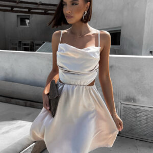 Béžové lesklé elegantní šaty JEWELRY s průstřihy