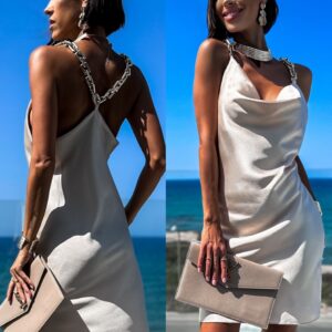 Béžové lesklé šaty IRELY se zlatými řetízky