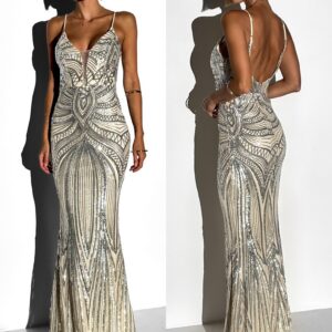 Béžové plesové dlouhé třpytivé šaty LAJSA Velikost: M