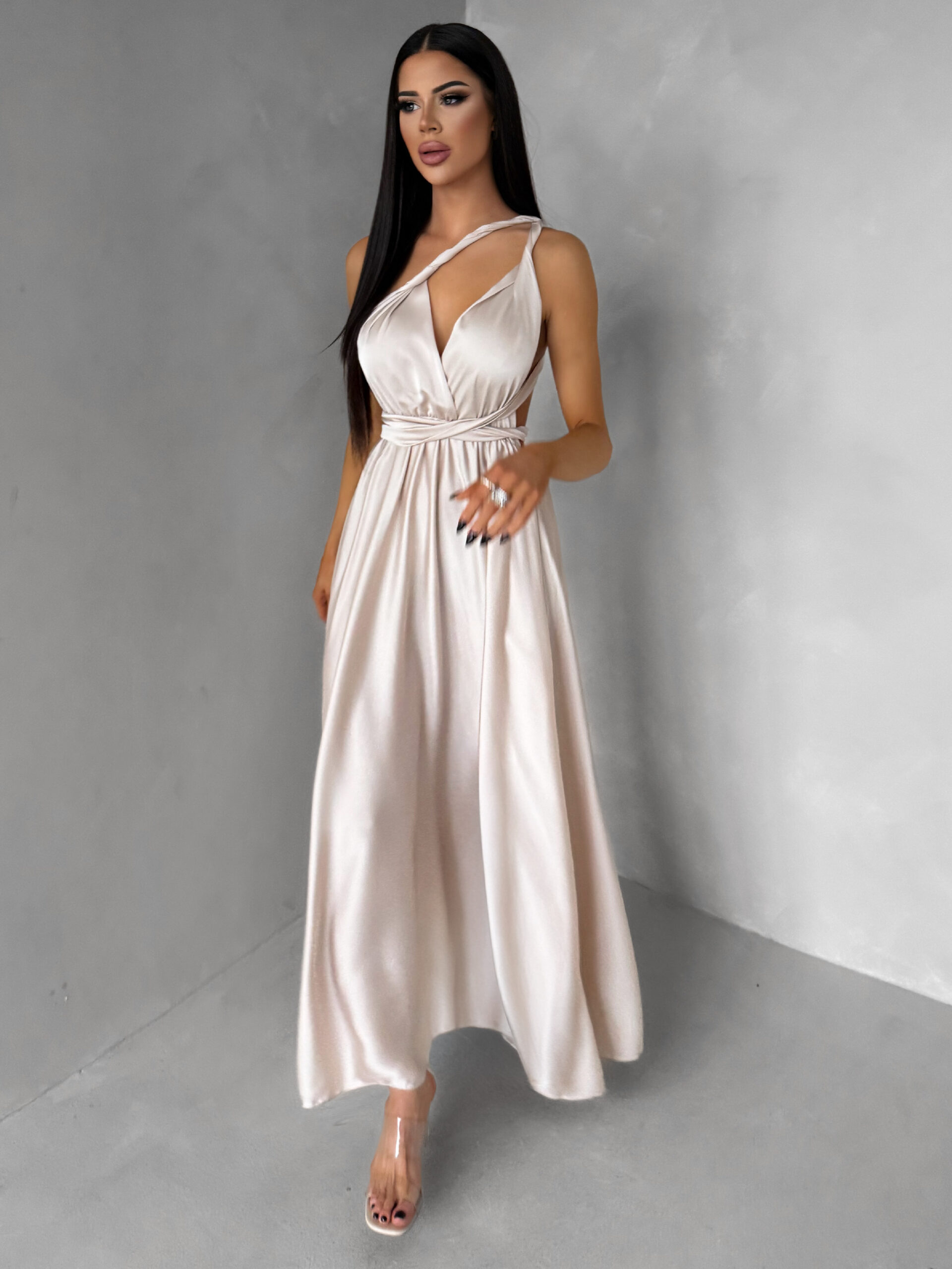 Béžové saténové šaty VALERDY s variabilním vázáním / bez rozparku - Obrázek 2