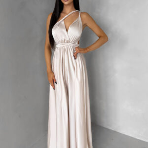 Béžové saténové šaty VALERDY s variabilním vázáním / bez rozparku