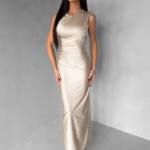 Béžové společenské dlouhé šaty DRAVELY s řasením Velikost: ONESIZE