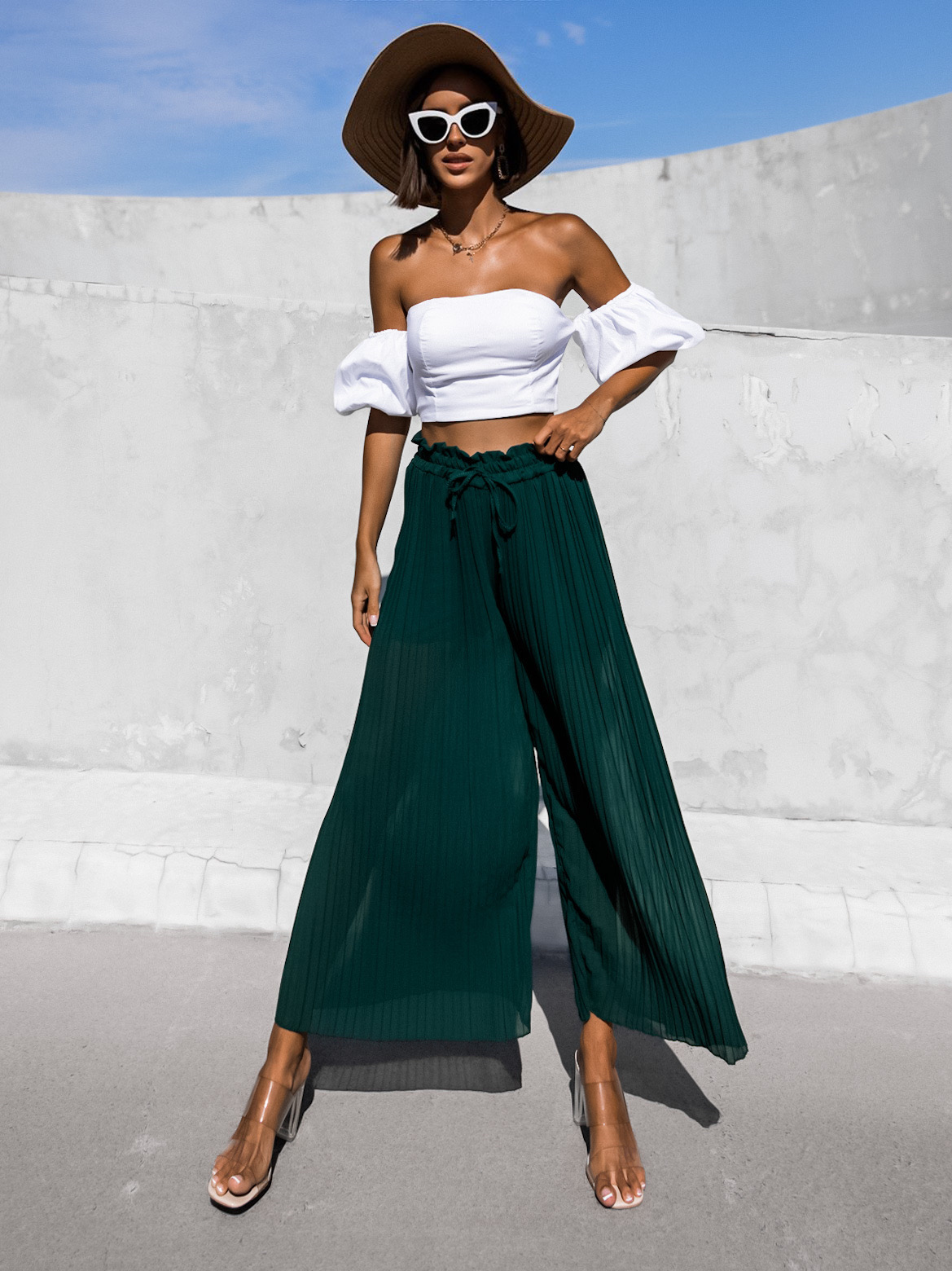 Bílý elegantní crop top DENNER s rukávy - Obrázek 2