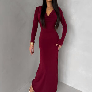 Bordó elegantní dlouhé šaty OLIVINE s dlouhým rukávem Velikost: ONESIZE