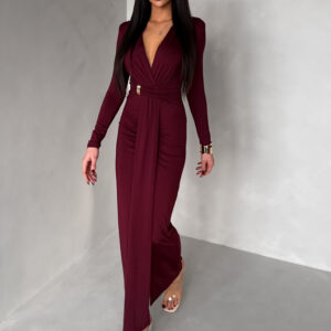Bordó společenské dlouhé šaty FAYLORI s hlubokým výstřihem Velikost: S/M