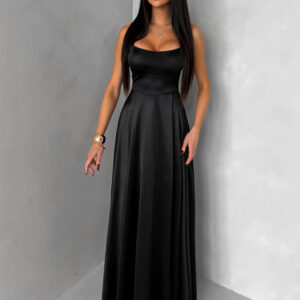 Černé dlouhé saténové společenské šaty HELSIN na ramínka Velikost: ONESIZE