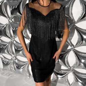 Černé elegantní flitrované šaty QUENIDA s třásněmi Velikost: M/L