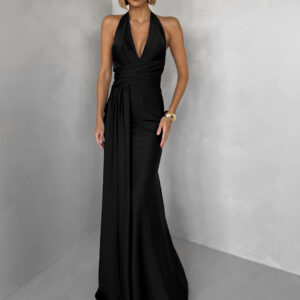 Černé saténové společenské dlouhé šaty CELESTIA s vlečkou Velikost: ONESIZE