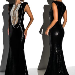 Černé třpytivé plesové šaty KENTAR s perlami Velikost: S