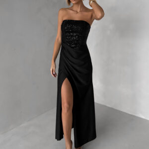 Černé třpytivé společenské dlouhé šaty AVENZA s rozparkem Velikost: ONESIZE