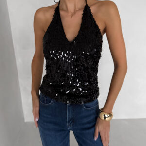 Černý flitrovaný top CORELY s výstřihem Velikost: ONESIZE