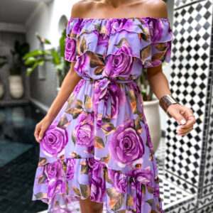 Fialové letní květinové šaty ROCCO s volánky Velikost: ONESIZE