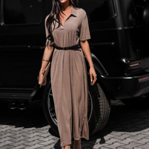 Hnědé košilové dlouhé šaty BARCINE s límečkem Velikost: ONESIZE