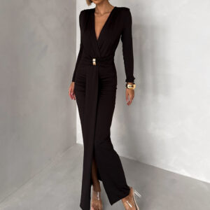 Hnědé společenské dlouhé šaty FAYLORI s výstřihem Velikost: M/L