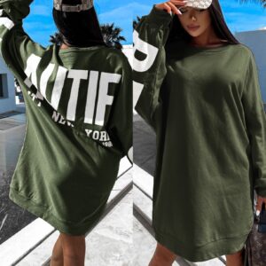 Khaki oversize mikina HUGHEN s potisky Velikost: ONESIZE