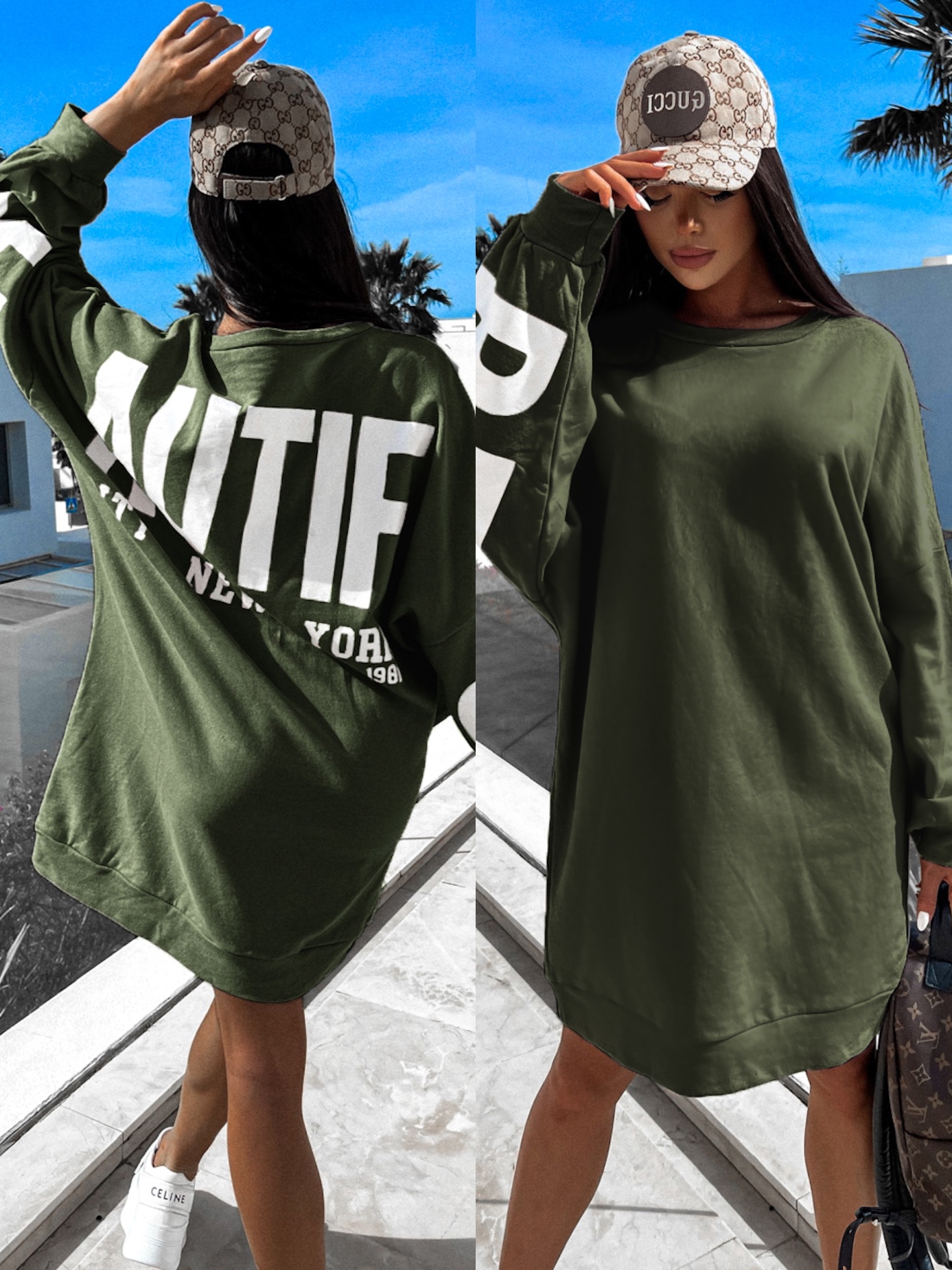 Khaki oversize mikina HUGHEN s potisky Velikost: ONESIZE