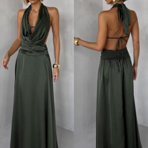 Khaki saténové dlouhé šaty FANDARI s výstřihem Velikost: ONESIZE