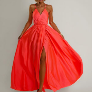 Korálové lesklé dlouhé plesové šaty CHRYSANTHE Velikost: ONESIZE