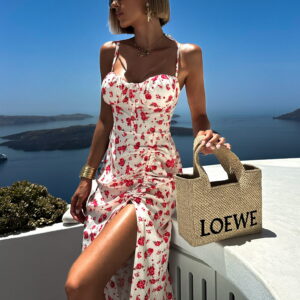 Krémové květinové midi šaty MILENKO s rozparkem Velikost: ONESIZE