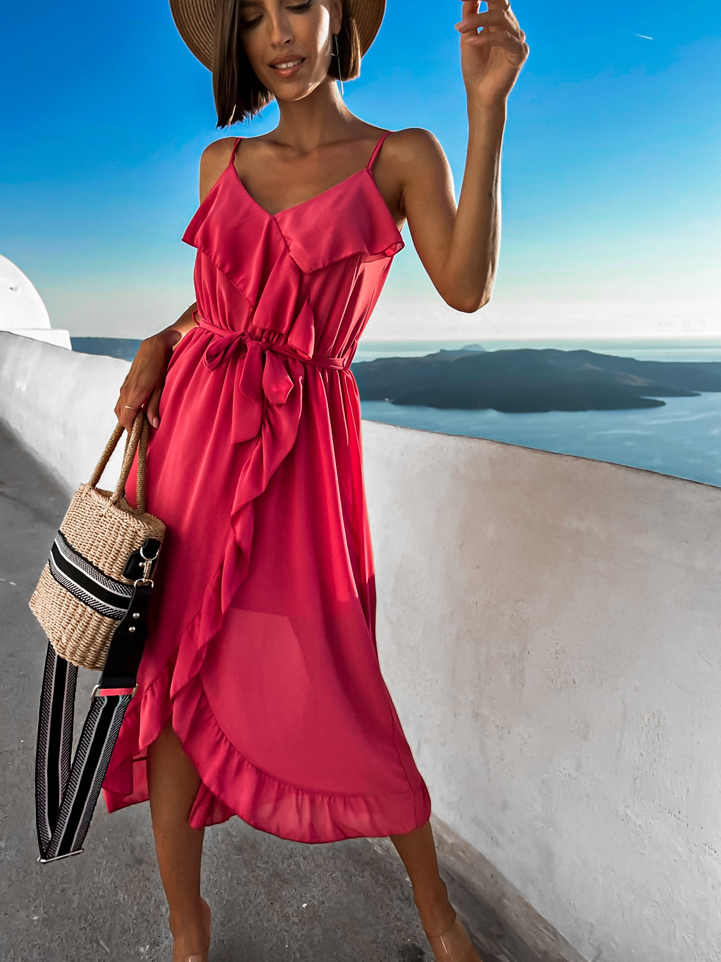 Malinové volánkové šaty RHEA na ramínka - Obrázek 2