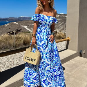 Modré dlouhé šaty ILJIC s krátkým rukávem a vzory Velikost: ONESIZE