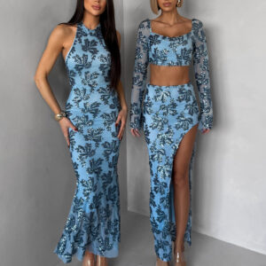 Modré společenské dlouhé flitrované šaty SOLVAYA Velikost: ONESIZE