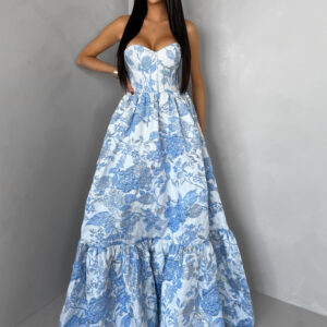 Modré společenské dlouhé šaty VENOLIA s květinovým vzorem Velikost: XL