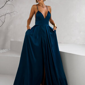 Petrolejové dlouhé společenské šaty BREALYN s kapsami Velikost: ONESIZE