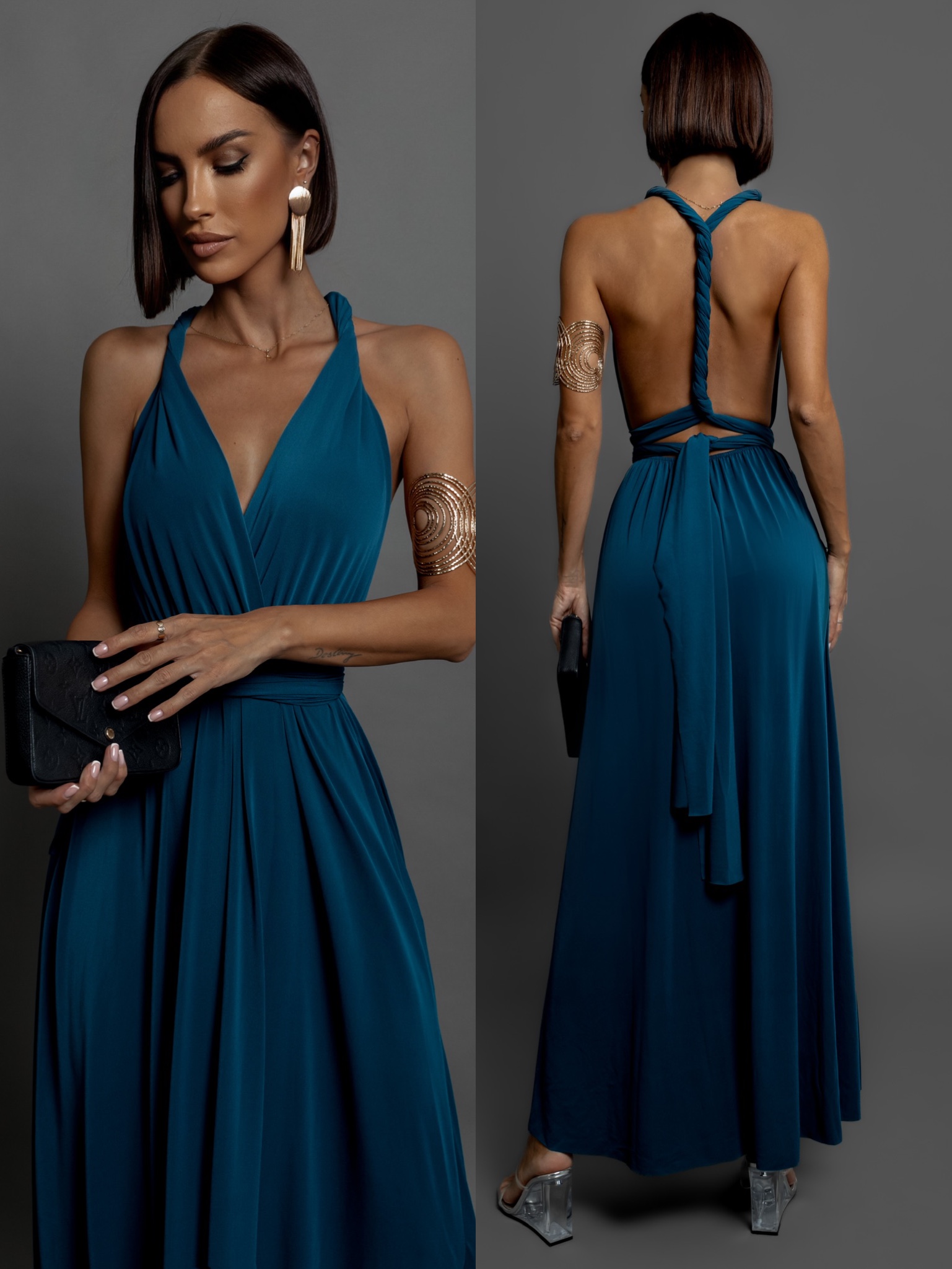 Petrolejové elegantní šaty BEATRICE s vázáním Velikost: ONESIZE